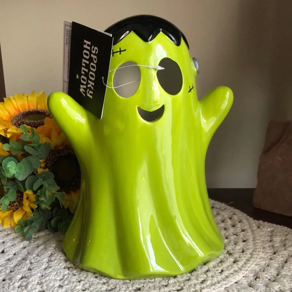 Green Ceramic Halloween Frankenstein Decoration - LED Lighted Decor